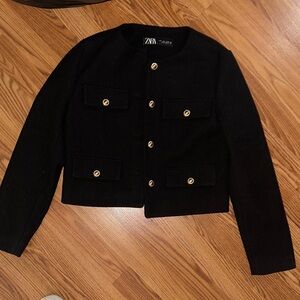 Zara Black Cropped Button-Front Bouclé Jacket with Gold Buttons